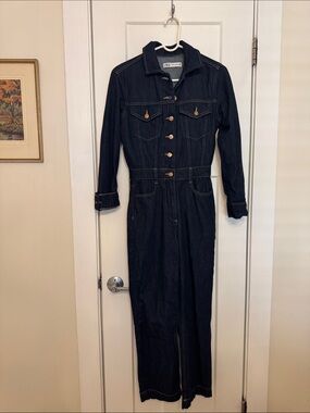 Zara Dark Indigo Denim Overalls Jumpsuit